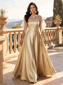 Auveirra Plus Size Women's Elegant Contrast Mesh Applique Dress - Gold - View 6