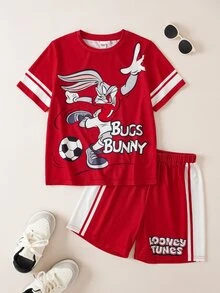 LOONEY TUNES X SHEIN Bộ đồ casual cho bé trai tuổi tween gồm áo thun cổ tròn tay ngắn và quần short - Đỏ - Xem 1