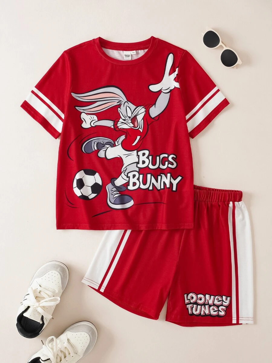 LOONEY TUNES X SHEIN Bộ đồ casual cho bé trai tuổi tween gồm áo thun cổ tròn tay ngắn và quần short - Đỏ - Xem 1