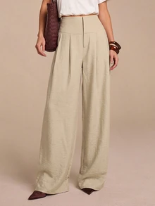 COSMINA Women's Casual Elegant Pleated Faux Linen Long Pants - Apricot - View 4