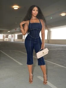 SHEIN PETITE Women's Casual Cross Back Halter Neck Denim Jumpsuit With 3/4 Length - Blue - View 5