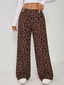SHEIN EZwear Plus Size Women's Leopard Print Casual Wide Leg Pants With Waist Button Design - Brown - View 6