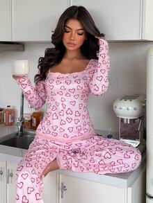 ZzzCrew Women's Long Sleeve Heart Print Lace Patchwork Square Neck Pajama Set - Pink - View 6