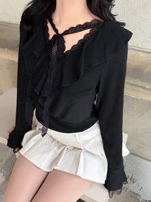 FRIFUL Women's Solid Color Pleated Casual Versatile Daily Long Sleeve T-Shirt - Black - View 3