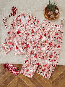 Dream Adore Soft Pink Gingerbread Man & Reindeer Christmas Pattern Satin Long Sleeve Top & Pants Set - Red - View 1