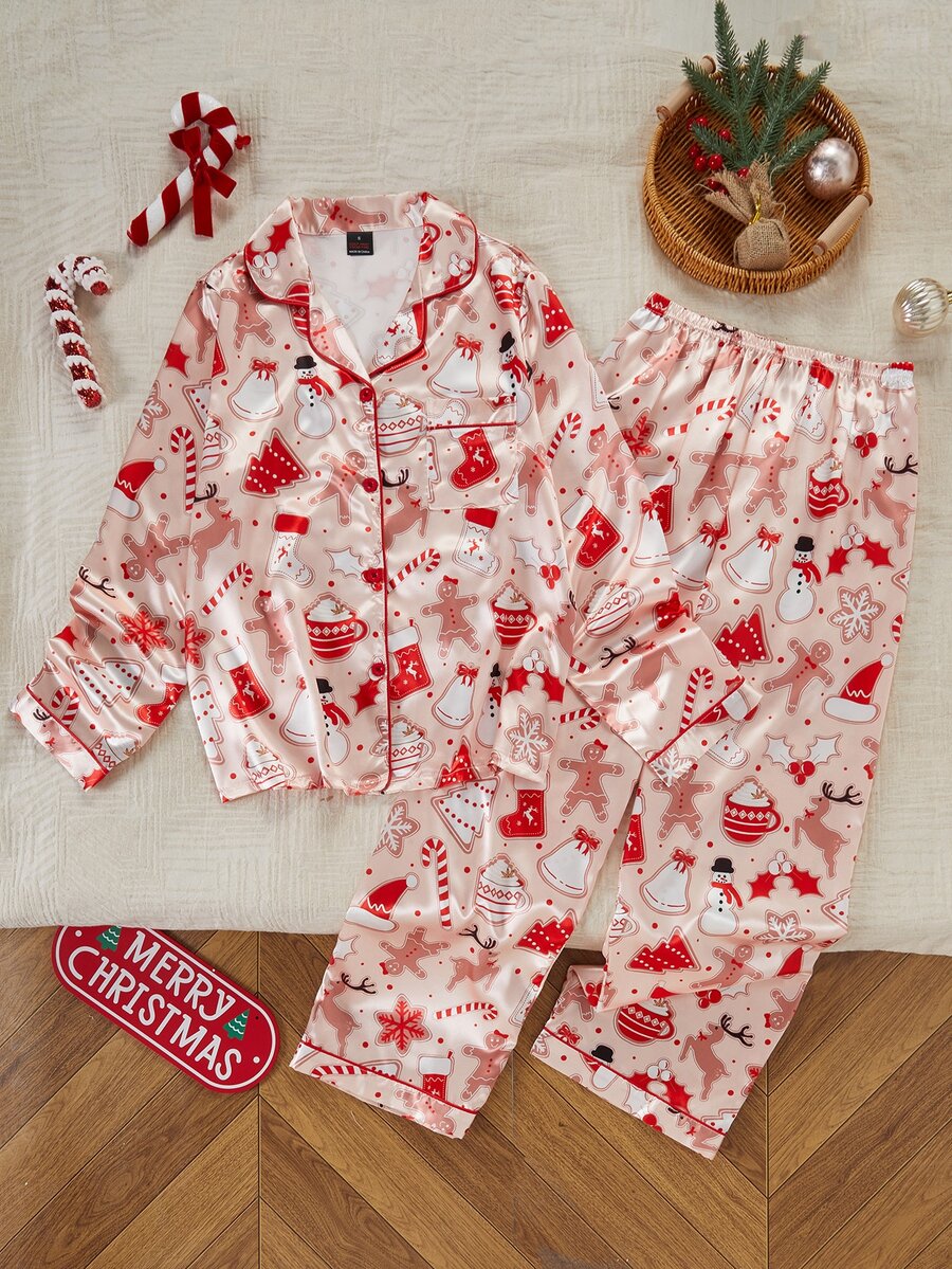 Dream Adore Soft Pink Gingerbread Man & Reindeer Christmas Pattern Satin Long Sleeve Top & Pants Set - Red - View 1