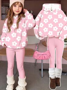 Setelan 2 Potong Hoodie dan Legging Motif Bunga untuk Anak Perempuan Remaja - MultiWarna - View 3