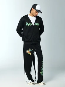 Rick and Morty X SHEIN Men's Letter Pattern Zip-Up Hoodie And Sweatpants Casual Daily Set - Black - View 5