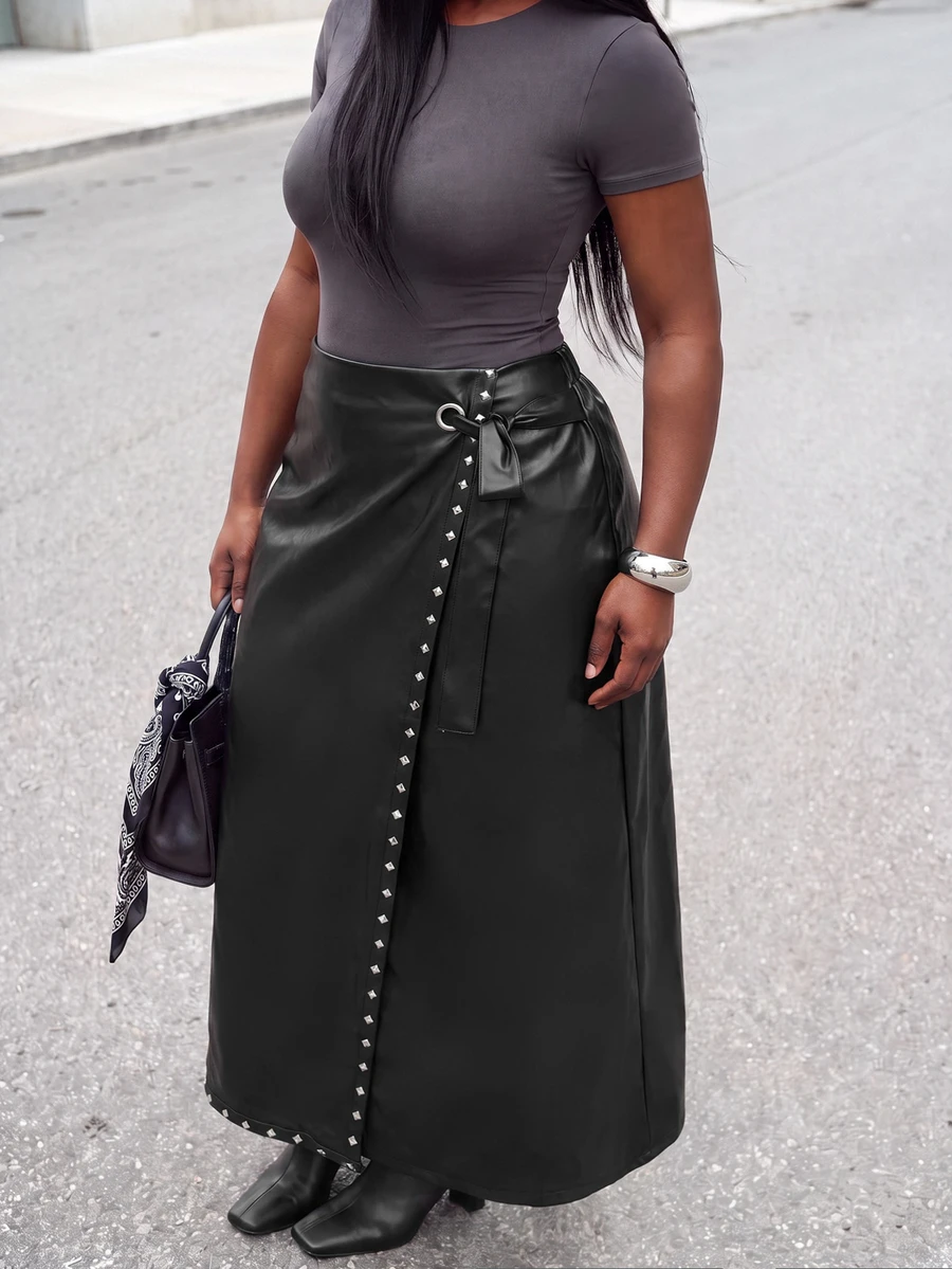 Slaydiva Plus Size Wrap Front Tie Maxi Skirt, High Waist Split Long Skirt With Side Pocket, Elegant Curvy Daily Bottoms Fall