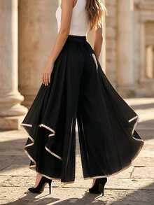 SHEIN PETITE Women's Patchwork Gold Trim Ruffle Wide Leg Long Pants - Black - View 2