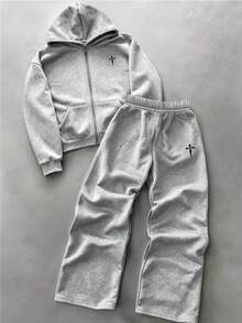 SHEIN Teen Boy Cross Pattern Hoodie And Pants Casual Daily Outfit - Grey - View 6