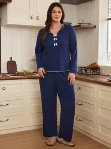 Doze Lane Plus Size Bow Decor Frill Trim Ribbed Knit Pajama Set - Navy Blue - View 3