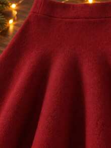 SHEIN Young Girl Sweater Skirt Set, A-Line Skirt, High Waist, Solid Burgundy Red Christmas Matching Mommy Daughter Mommy And Me Fall Baby Doll Winter - Burgundy - View 3