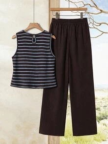 Rusticease Women's Striped Crew Neck Top And Pants Casual Daily 2 Pieces Set - Blue - View 2
