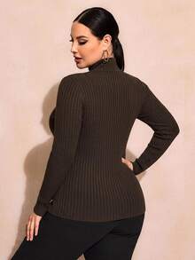SHEIN SXY Plus Size Brown Ribbed Turtleneck T-Shirt Suitable For Autumn/Winter - Brown - View 2