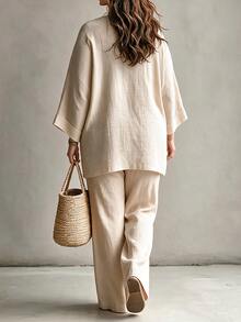 Linhara CURVE Plus Size Faux Cotton Textured Fabric Ruffle Sleeve Long Sleeve Open Front Kimono Cardigan + Simple Camisole Top + Elastic Waist Loose Straight Leg Pants 3-Piece Set Casual Outing Date Party Daily Commute Outfit - Apricot - View 2
