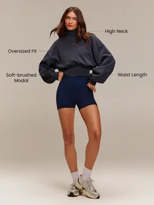 GLOWMODE Modal Soft Warm Curved Bubble Hem Waist Length Oversized Ribbed Cuffs High Neck Pullover Sweatshirt Daily - Iron Gray - View 2