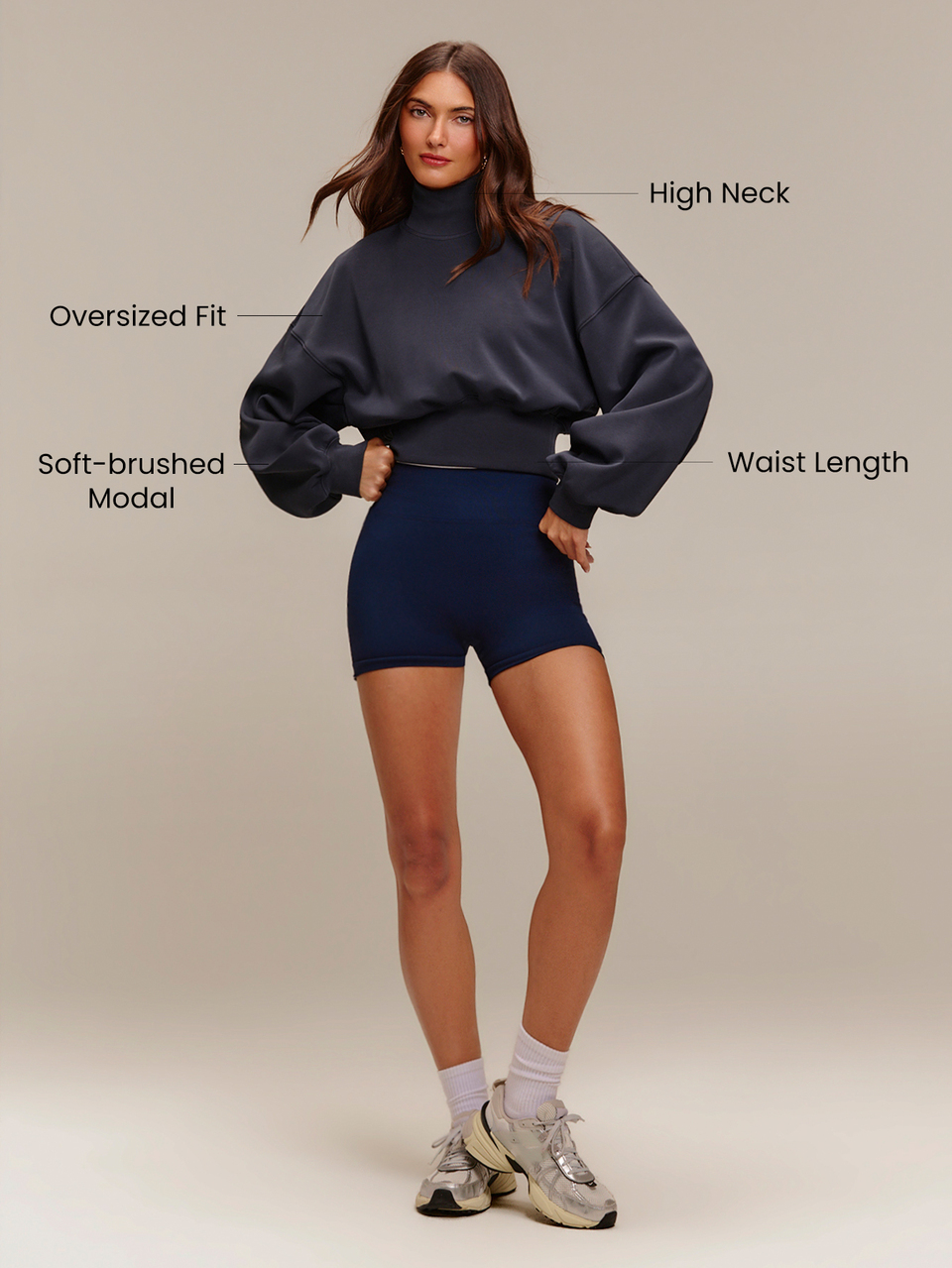 Modal Soft Warm Curved Bubble Hem Waist Length Oversized Ribbed Cuffs High Neck Pullover Sweatshirt Daily