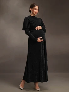Cheriluna Maternity Elegant Solid Color Mesh Patchwork Maternity Dress - Black - View 7