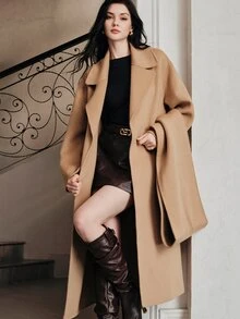 Anewsta Women's Long Handmade Double-Sided Wool Coat With Scarf - Camel - View 6