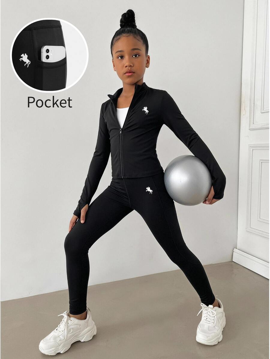 Tween Girl Black Pony Rider Print Zip-Up Top & Leggings Sports Set,Autumn/Winter,Fall,Fall Clothes,Long Sleeve Tops,Christmas/Halloween - Black - View 1