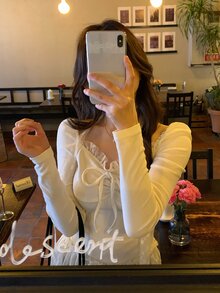 DAZY Women's Casual Ruffle Trim Long Sleeve Girlish Fresh Korean Style T-Shirt - White - View 10