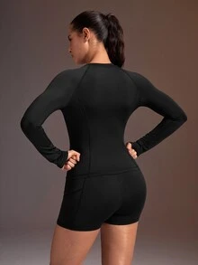 Powerista Women's Long Sleeve Top And Shorts Casual Daily Sports Set - Black - View 2