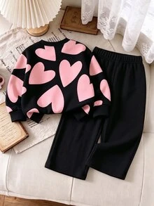 SHEIN Playful Pals 女嬰字母與愛心圖案長袖衛衣褲子套裝 - 彩色 - 查看 2