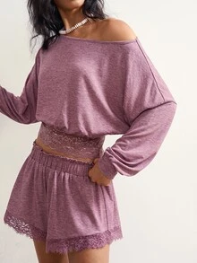Bohemela ملابس صيفية/خريفية، طقم نسائي من قطعتين من ملابس علوية محبوكة قصيرة بأكمام طويلة باللون البنفسجي مع دانتيل متباين وشورت كاجوال، ملابس حفلات موسيقية، ملابس يومية - ارجواني فاتح - مشاهدة 2