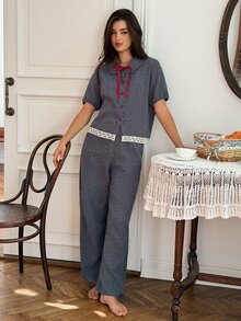 DAZY Women's Colorblock Short Sleeve Top And Long Pants Casual Daily Home Sleepwear Set - Blue - View 8