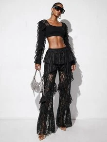 Aveloria GENKIRA Pants Ruffle Flare Lace Sheer Multi-Layered Modern Black Floral Women Sheer Ruffle Flare Pants Halloween - Black - View 6