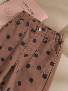 SHEIN 女童乳白色圓點寬腿褲，寬鬆直筒腿，時尚百搭休閒 100% 純棉牛仔褲，修身顯瘦，日常上學出遊度假風格必備，韓系女童圓點 Ins 風 - 棕色 - 查看 3