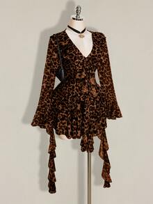 SHEIN ICON Women's Plus Size Leopard Print Ruffle Hem Dress - Brown - View 1