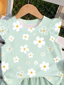 Light Gray-Green, Baby Girl Casual Fashion Cute Sweet Fresh Pastoral Floral Small Flower Pattern Cute Flutter Sleeve Round Neck Top Suitable For Spring And Summer - Multicolor - View 5