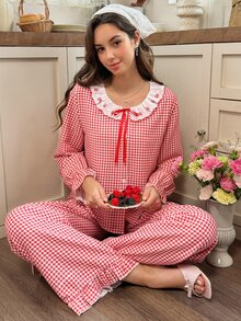 Snug Reverie Red And White Small Check Peter Pan Collar With Embroidered Lace, Red Bowknot, Cardigan Buttons, Ruffle Cuffs And Hem, Spring/Autumn Bubble Crepe Fabric - Red - View 1