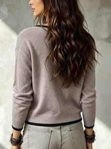 Everyssa Women's Colorblock Casual Versatile Everyday Long Sleeve Sweater - Khaki - View 3