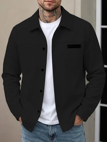 Manfinity Homme Men's Solid Color Casual Outdoor Slim Fit Jacket - Black - View 3