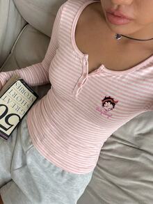CovetEZ Betty Boop x SHEIN 女款條紋鈕扣半開襟長袖休閒T恤，適合外出、街頭穿搭、機場造型 - 彩色 - 查看 1