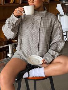 Muchica Plus Size Plaid Button Long Sleeve Jacket And Shorts 2 Pieces Set - Grey - View 7