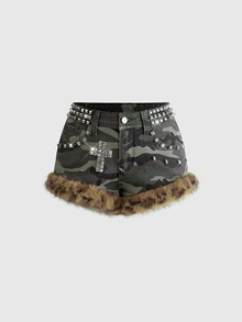 ROMWE Grunge Punk Vintage Hot Girl Rhinestone Camo Washed Y2K Cross Studs Decor Women's Ultra Low Waist Mini Denim Shorts - Multicolor - View 1