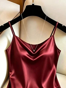 SHEIN Women's Elegant Lace Casual Satin Black Camisole Top, Black Elegant Cami Top, Commuter, Social - Burgundy - View 4