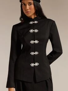 COSMINA Women's Blazer Jacket, Chinese Style Frog Button Stand Collar Long Sleeve White Contrast Color Button Decor Waist Cinched Autumn Winter Suit Jacket - Black - View 5
