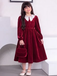 SHEIN 青少年女孩秋冬休閒度假優雅時尚天鵝絨純色彼得潘領泡泡袖A字洋裝，聖誕節 - 紅色 - 查看 5