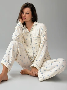 DAZY Women's All-Over Print Long Sleeve Top And Pants Casual Daily Home Sleepwear Set - Beige - View 6