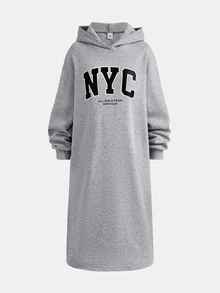 SHEIN Teen Girl Autumn/Winter Thermal Lined Hooded Long Sleeve Dress, Suitable For Daily Fashion Wear - Light Grey - View 3