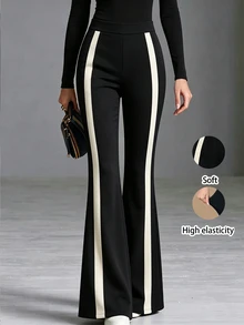 SHEIN 2026 Autumn/Winter High Waist Color Block Side Stripe Flare Pants For Daily Commute, Holiday Party, Country Style, Office, Sports And Fitness - Black - View 5