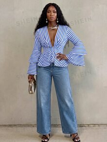 BamGlimmer Summer Autumn New Design, Deep V-Neck, Multi-Layer Ruffle Hem, Double-Layer Ruffle Sleeve Women's Blouse, Fashionable Vacation Casual Style, Suitable For Travel, Daily Wear, Back To School, Party And Gathering, Commute Versatile - Blue and White - View 4