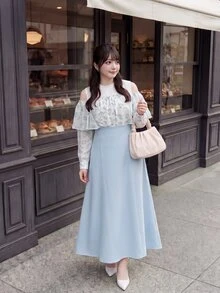 Bijouette Japanese Style Fresh Floral Plus Size Cold Shoulder Dress, Double Layer Ruffle Cut-Out Shoulder Design, Gentle And Slimming, Back Tie Waist Design To Shape Body, Flattering For Figures To Hide Belly And Hips, Light Blue Solid Color Full Skirt With Soft Drape, Suitable For Daily Wear, Dating, Travel And Commuting, Skin-Friendly And Comfortable Long Dress For Girls - Blue and White - View 7