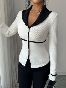 Elenzga French Style Black & White Colorblock Blazer Lapel Fuzzy Ribbed Single-Breasted Gold Button Cinched Cinched Waist Long Sleeve Top - Black and White - View 3