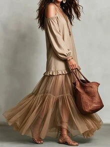 Omancia Women's Khaki Cold Shoulder Chiffon Dress, V Neck Spaghetti Strap Lantern Sleeve, Ruffle Tiered Hem, Flowy Soft Boho Vacation Fall Dress - Khaki - View 2